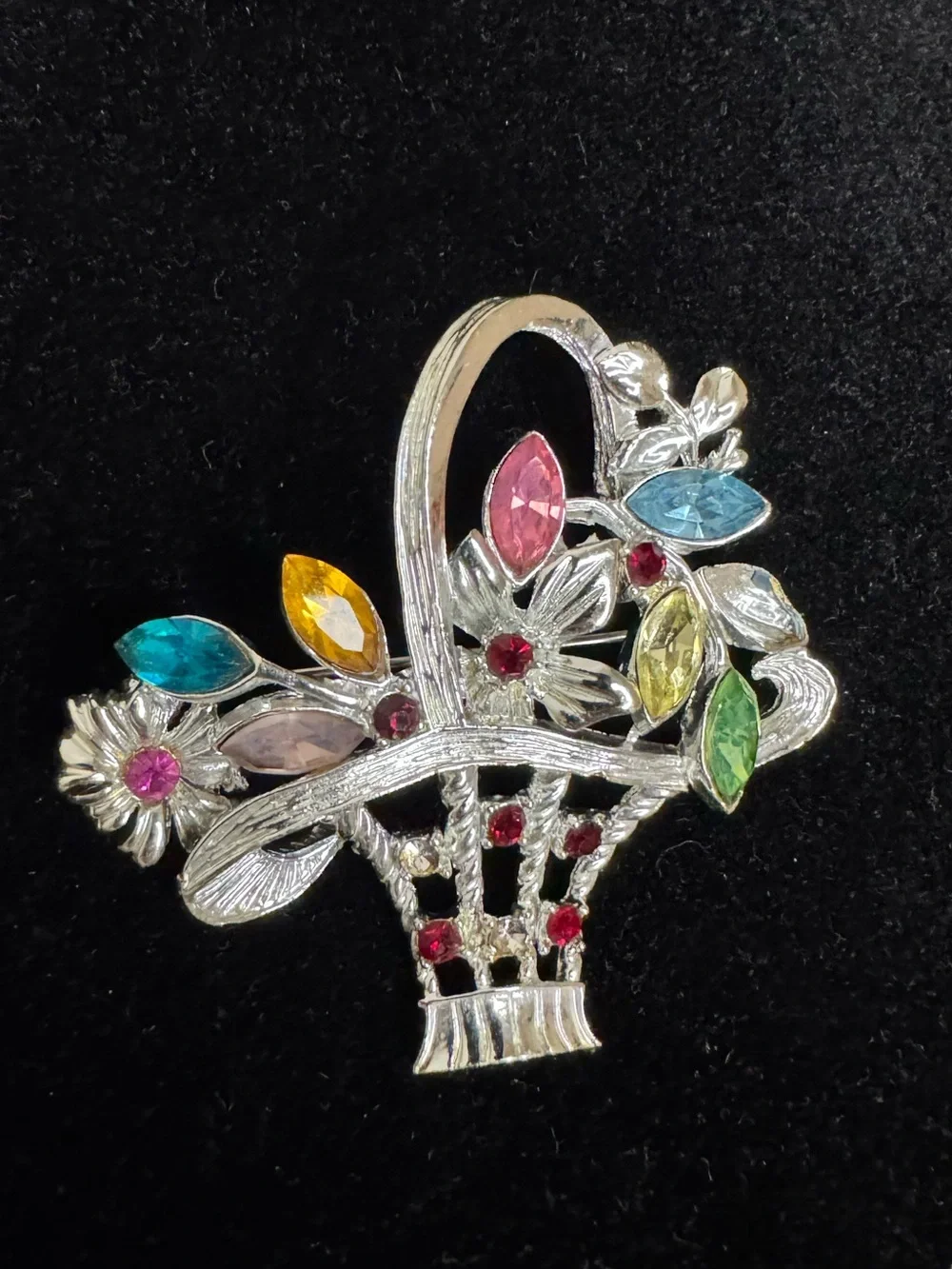 Silver-tone Multi-Color Floral Basket Brooch - Unbranded